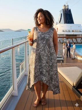 Rosemarine Made in Italy Tropical  Print Midi Dress in Charcoal Gray